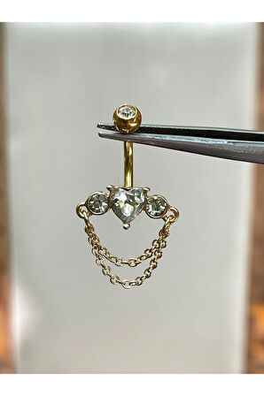 316 L Cerrahi Çelik Kalp Detaylı Sallantı Zincirli Göbek Piercingi