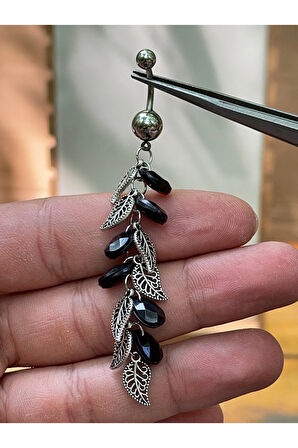 316 L Cerrahi Çelik İşlemeli Taşlı Yaprak Sallantılı Göbek Piercingi