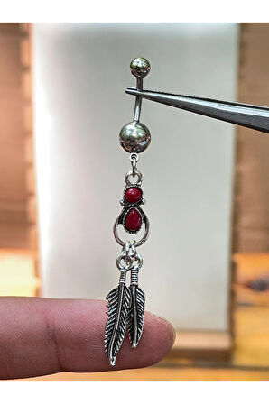 316 L Cerrahi Çelik Bordo Taşlı Yaprak Sallantılı Göbek Piercingi