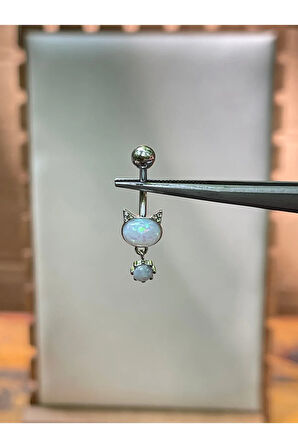 316 L Cerrahi Çelik Kedi Modeli Opal Taşlı Zirkon Taş Detaylı Sallantılı Göbek Piercingi