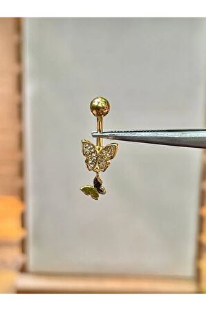 316 L Cerrahi Çelik Kelebek Modeli Sallantılı Zirkon Taşlı Göbek Piercingi