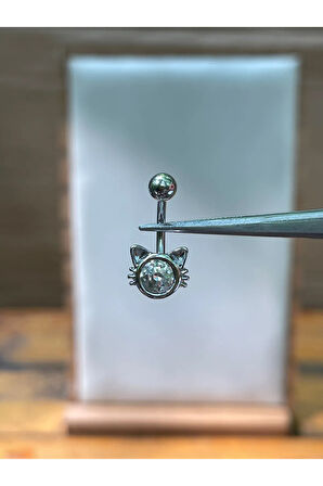 316 L Cerrahi Çelik Kristal Taşlı Gümüş Renginde Kedi Modeli Göbek Piercingi