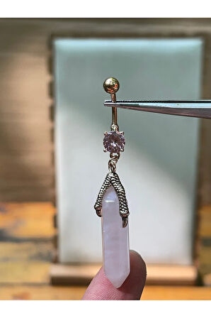 316 L Cerrahi Çelik Pembe Zirkon ve Doğal Taşlı Pençe Modeli Göbek Piercingi