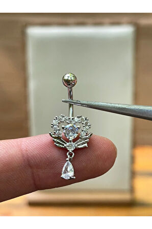 316 L Cerrahi Çelik Kanatlı Kalp Modeli Zirkon Taşlı Göbek Piercing,
