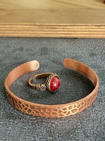 El İşi Bakır Bileklik Ve Doğal Taşlı Yüzük Kombini, Ayarlanabilir Ölçü
