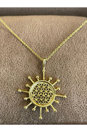 925 Ayar Gümüş Gold Renginde Güneş Modeli Zincirli Gümüş Kolye
