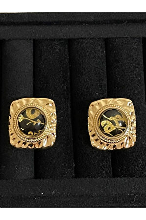 Gold Renginde Siyah Taş İşlemeli Tasarım Küpe