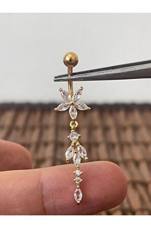 316 L Cerrahi Çelik Anti Alerjik Markiz Kesim Zirkon Parlak Taşlı Sallantılı Göbek Piercingi,