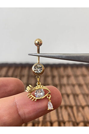 316 L Cerrahi Çelik Anti Alerjik Göz Detaylı Zirkon Parlak Taşlı Sallantılı Göbek Piercingi