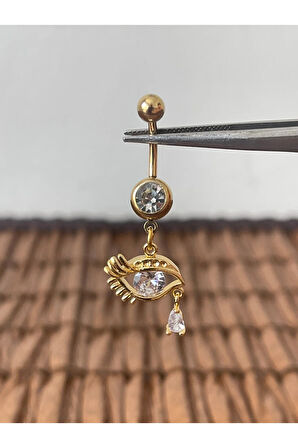 316 L Cerrahi Çelik Anti Alerjik Göz Detaylı Zirkon Parlak Taşlı Sallantılı Göbek Piercingi