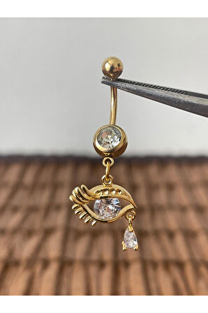 316 L Cerrahi Çelik Anti Alerjik Göz Detaylı Zirkon Parlak Taşlı Sallantılı Göbek Piercingi