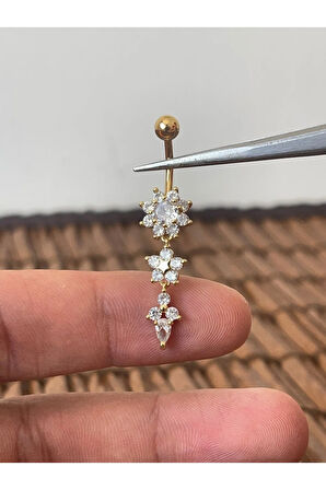 316 L Cerrahi Çelik Anti Alerjik Pırlanta Çiçek Modeli Parlak Taşlı Göbek Piercingi