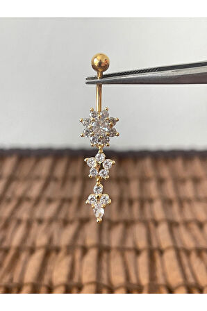 316 L Cerrahi Çelik Anti Alerjik Pırlanta Çiçek Modeli Parlak Taşlı Göbek Piercingi