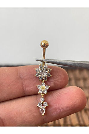 316 L Cerrahi Çelik Anti Alerjik Pırlanta Çiçek Modeli Parlak Taşlı Göbek Piercingi