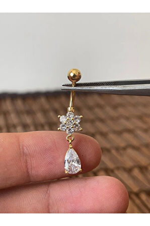 316 L Cerrahi Çelik Anti Alerjik Çiçek Damla Kesim Zirkon Taşlı Göbek Piercingi