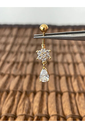 316 L Cerrahi Çelik Anti Alerjik Çiçek Damla Kesim Zirkon Taşlı Göbek Piercingi