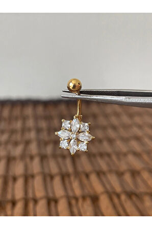 316 L Cerrahi Çelik Anti Alerjik Çiçek Kuzey Yıldızı Parlak Zirkon Taşlı Göbek Piercingi