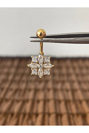 316 L Cerrahi Çelik Anti Alerjik Çiçek Kuzey Yıldızı Parlak Zirkon Taşlı Göbek Piercingi