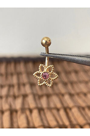 316 L Cerrahi Çelik Anti Alerjik Çiçek Modeli Bal Taşlı Göbek Piercingi