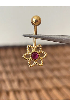 316 L Cerrahi Çelik Anti Alerjik Çiçek Modeli Bordo Taşlı Göbek Piercingi