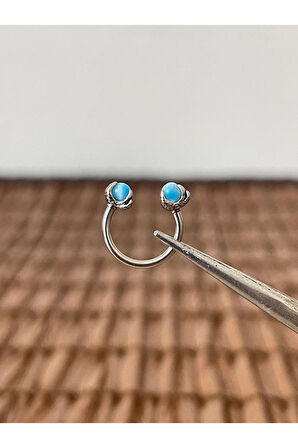 316 L Cerrahi Çelik Anti Alerjik Mavi Doğal Taşlı Peçne Modeli Halka Piercing 10mm x 1,2mm