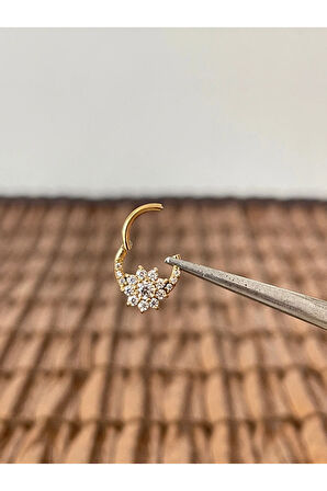 316 L Cerrahi Çelik Pırlanta Çiçek Zirkon Parlak Taşlı Kilitli Halka Piercing 8 mm x 1,2 mm