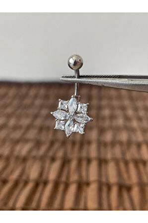 316 L Cerrahi Çelik Anti Alerjik Çiçek Kuzey Yıldızı Parlak Zirkon Taşlı Göbek Piercingi