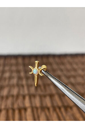 316 L Cerrahi Çelik Kılıç Ay Opal Taşlı Dudak Kıkırdak Helix Tragus Piercingi 8mm x 1,2mm