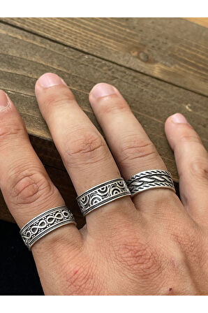 Ayarlanabilir Ölçü 925 Ayar Gümüş Kaplama Klasik Desen İşçilikli 3lü Tasarım Yüzük