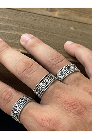 Ayarlanabilir Ölçü 925 Ayar Gümüş Kaplama Klasik Desen İşçilikli 3lü Tasarım Yüzük