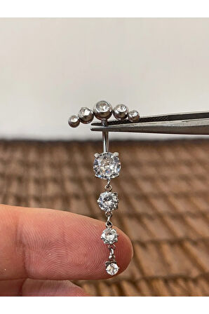 316 L Cerrahi Çelik Zirkon 5 Taş Modeli Özel Tasarım Göbek Piercingi