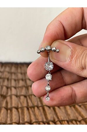 316 L Cerrahi Çelik Zirkon 5 Taş Modeli Özel Tasarım Göbek Piercingi