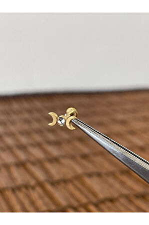 316 L Cerrahi Çelik Ay Modeli Zirkon Taşlı Kıkırdak Helix Dudak Tragus Piercingi 6mm x 1,2 mm