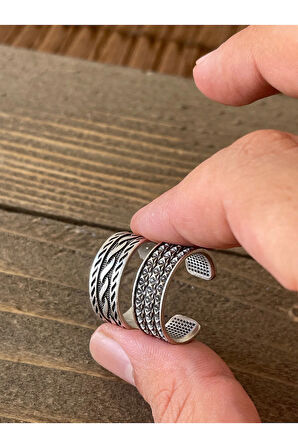 Ayarlanabilir Ölçü 925 Ayar Gümüş Kaplama İşçilikli 2li Yüzük Set