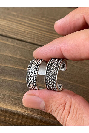 Ayarlanabilir Ölçü 925 Ayar Gümüş Kaplama İşçilikli 2li Yüzük Set