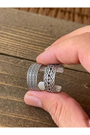 Ayarlanabilir Ölçü 925 Ayar Gümüş Kaplama İşçilikli 2li Yüzük Set