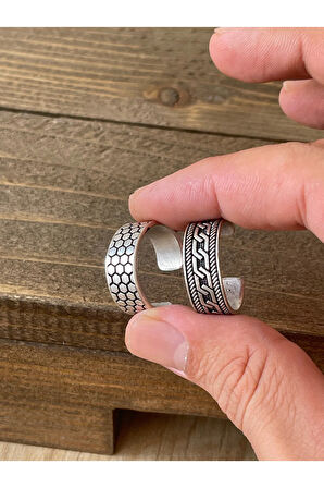 Ayarlanabilir Ölçü 925 Ayar Gümüş Kaplama İşçilikli 2li Yüzük Set