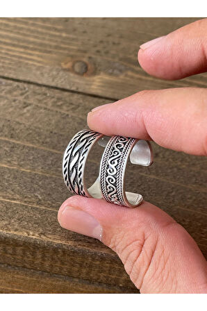 Ayarlanabilir Ölçü 925 Ayar Gümüş Kaplama İşçilikli 2li Yüzük Set