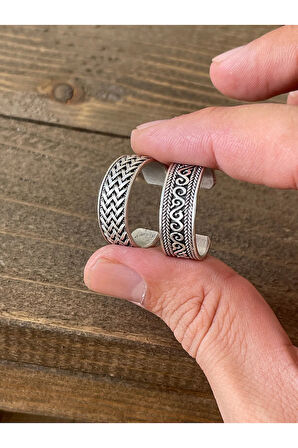 Ayarlanabilir Ölçü 925 Ayar Gümüş Kaplama İşçilikli 2li Yüzük Set