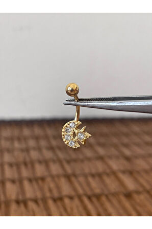 316 L Cerrahi Çelik Zirkon Taşlı Hilal Yıldız Göbek Piercingi