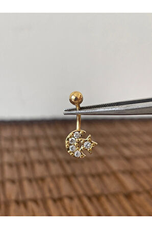 316 L Cerrahi Çelik Zirkon Taşlı Hilal Yıldız Göbek Piercingi