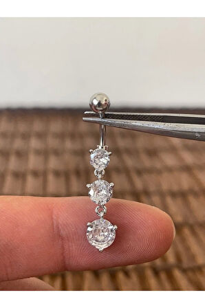 316 L Cerrahi Çelik Pırlanta Modeli Parlak Zirkon Taşlı Sallantılı Göbek Piercingi