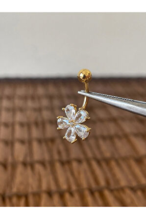 316 L Cerrahi Çelik Parlak Zirkon Taşlı Papatya Modeli Göbek Piercingi