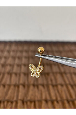 316 L Cerrahi Çelik Zirkon Taşlı Minik Kelebek Göbek Piercingi