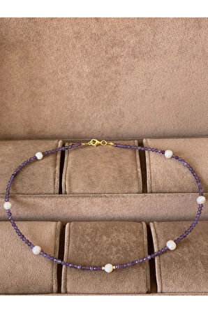 14 Ayar Çift Altın Dorika Detaylı Natural İnci Ve Ametis Taşlı Özel Tasarım Altın Kolye