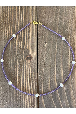 14 Ayar Çift Altın Dorika Detaylı Natural İnci Ve Ametis Taşlı Özel Tasarım Altın Kolye