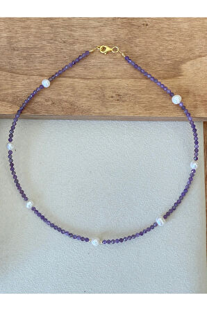 14 Ayar Çift Altın Dorika Detaylı Natural İnci Ve Ametis Taşlı Özel Tasarım Altın Kolye