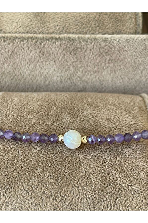 14 Ayar Çift Altın Dorika Detaylı Natural İnci Ve Ametis Taşlı Özel Tasarım Altın Kolye