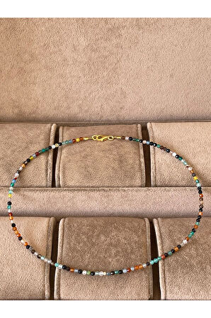 14 Ayar Altın Dorikalı Rengarenk Akik Taşlı Zarif Altın Şans Kolyesi