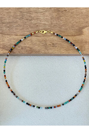 14 Ayar Altın Dorikalı Rengarenk Akik Taşlı Zarif Altın Şans Kolyesi